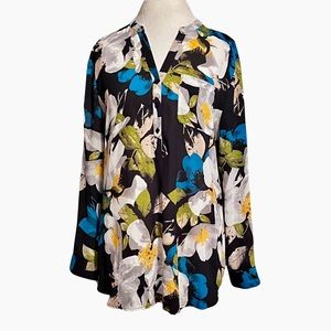 Worthington Black Background with Florals Blouse V Neckline Size L Office Attire